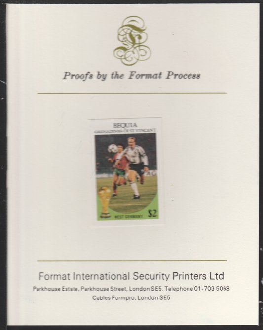 St Vincent - Bequia 1986 World Cup Football $2 (W Germany) imperf proof mounted on Format International proof card, stamps on xxx