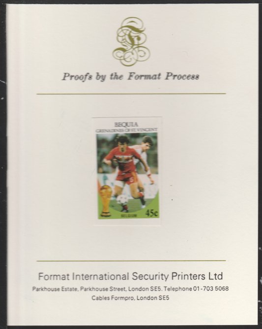 St Vincent - Bequia 1986 World Cup Football 45c (Belgium),imperf proof mounted on Format International proof card, stamps on xxx