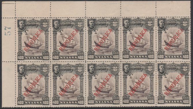 Nyassa Company 1921 Provisional 3c on 400r (Lisbon surcharge) superb corner block of 10 with sheet number showing  SURCHARGE INVERTED, rare and possibly unique, unmounted mint, stamps on , stamps on  stamps on nyassa company 1921 provisional 3c on 400r (lisbon surcharge) superb corner block of 10 with sheet number showing  surcharge inverted, stamps on  stamps on  rare and possibly unique, stamps on  stamps on  unmounted mint