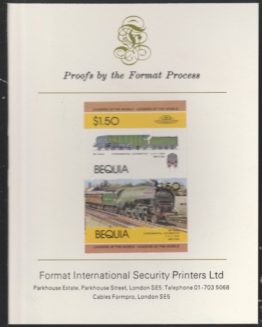 St Vincent - Bequia 1984 Locomotives #1 (Leaders of the World) $1.50 (Experimental Loco) se-tenant pair imperf mounted on Format International proof card, stamps on 