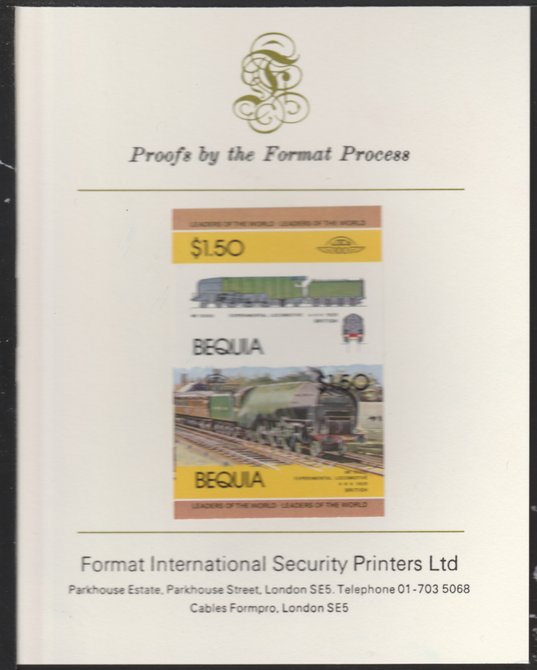 St Vincent - Bequia 1984 Locomotives #1 (Leaders of the World) $1.50 (Experimental Loco) se-tenant pair imperf mounted on Format International proof card, stamps on , stamps on  stamps on st vincent - bequia 1984 locomotives #1 (leaders of the world) $1.50 (experimental loco) se-tenant pair imperf mounted on format international proof card