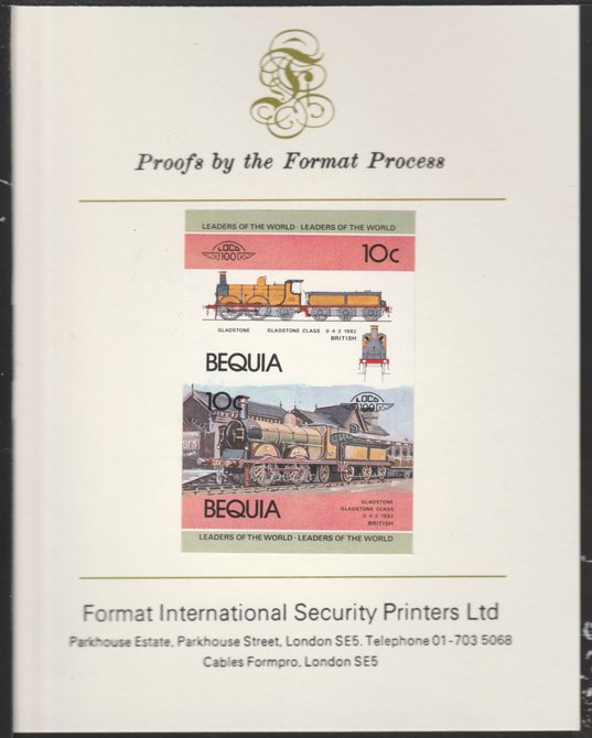 St Vincent - Bequia 1984 Locomotives #1 (Leaders of the World) 10c (Gladstone Class) se-tenant pair imperf mounted on Format International proof card