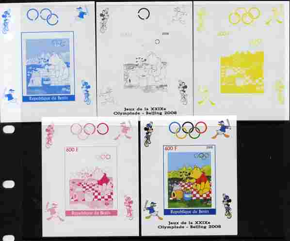 Benin 2008 Beijing Olympics - Disney Characters - Pooh Bear individual deluxe sheet - the set of 5 imperf progressive proofs comprising the 4 individual colours plus all ...