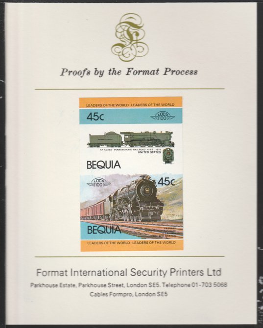 St Vincent - Bequia 1984 Locomotives #1 (Leaders of the World) 45c (4-6-2 Pennsylvania Railroad K4 Class) se-tenant pair imperf mounted on Format International proof card, stamps on 
