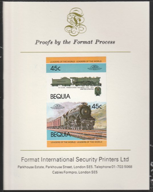 St Vincent - Bequia 1984 Locomotives #1 (Leaders of the World) 45c (4-6-2 Pennsylvania Railroad K4 Class) se-tenant pair imperf mounted on Format International proof card, stamps on xxx