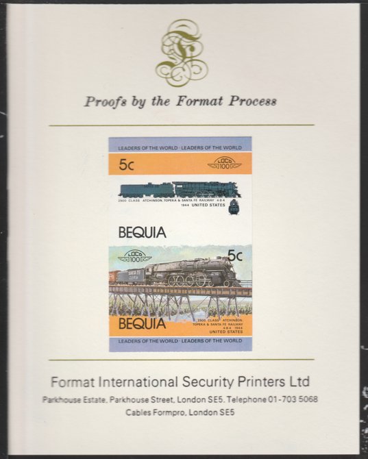 St Vincent - Bequia 1984 Locomotives #1 (Leaders of the World) 5c (4-8-4 Atcheson, Topeka & Santa Fe) se-tenant pair imperf mounted on Format International proof card, stamps on xxx