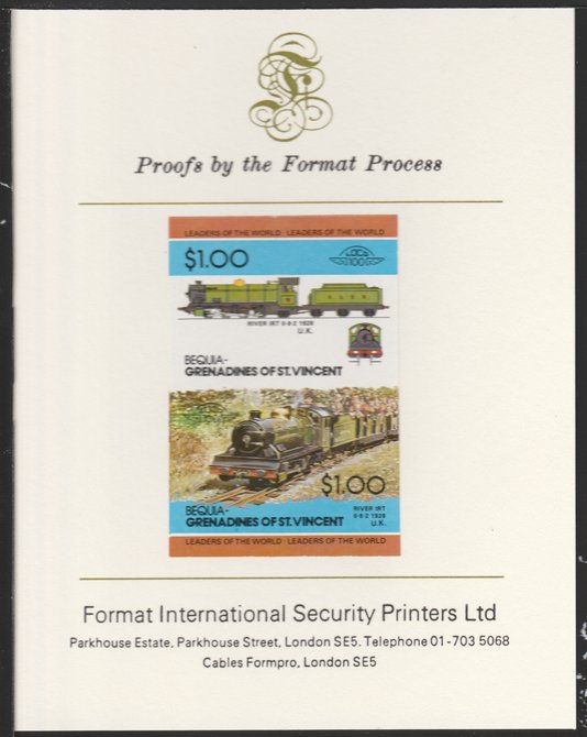 St Vincent - Bequia 1984 Locomotives #2 (Leaders of the World) $1.00 (0-8-2 River Irt) se-tenant pair imperf mounted on Format International proof card, stamps on , stamps on  stamps on st vincent - bequia 1984 locomotives #2 (leaders of the world) $1.00 (0-8-2 river irt) se-tenant pair imperf mounted on format international proof card