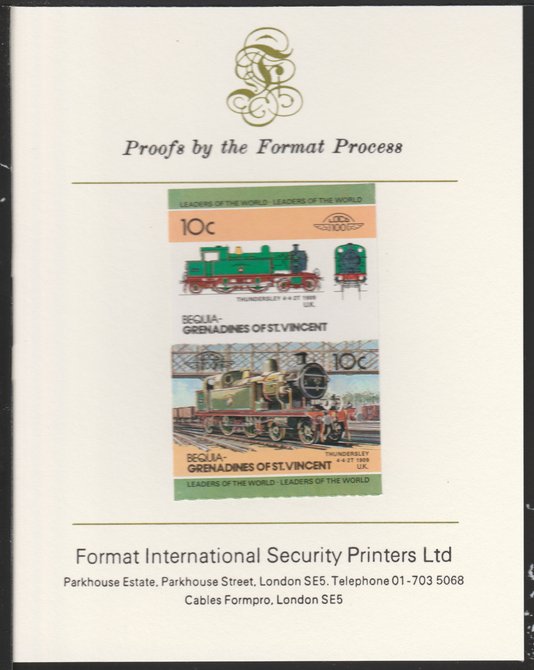 St Vincent - Bequia 1984 Locomotives #2 (Leaders of the World) 10c (4-4-2 Thundersley) se-tenant pair imperf mounted on Format International proof card, stamps on 