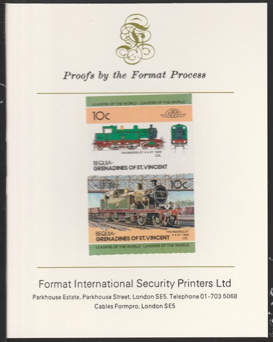 St Vincent - Bequia 1984 Locomotives #2 (Leaders of the World) 10c (4-4-2 Thundersley) se-tenant pair imperf mounted on Format International proof card, stamps on xxx