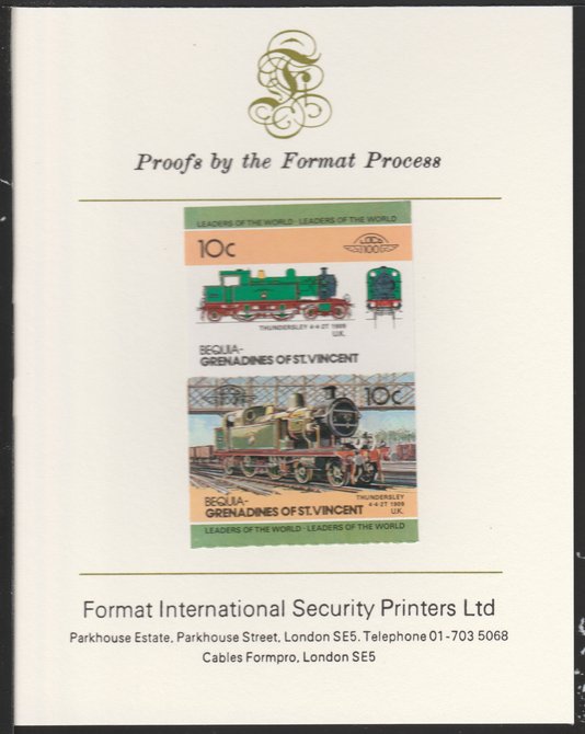 St Vincent - Bequia 1984 Locomotives #2 (Leaders of the World) 10c (4-4-2 Thundersley) se-tenant pair imperf mounted on Format International proof card, stamps on , stamps on  stamps on st vincent - bequia 1984 locomotives #2 (leaders of the world) 10c (4-4-2 thundersley) se-tenant pair imperf mounted on format international proof card