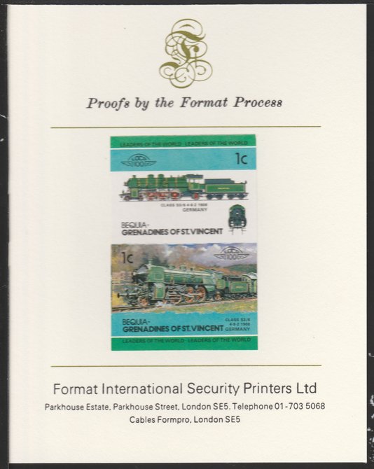 St Vincent - Bequia 1984 Locomotives #2 (Leaders of the World) 1c (4-6-2 Class S3/6) se-tenant pair imperf mounted on Format International proof card, stamps on xxx