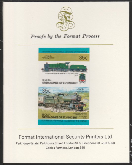 St Vincent - Bequia 1984 Locomotives #2 (Leaders of the World) 35c (4-6-0 Manor Class) se-tenant pair imperf mounted on Format International proof card, stamps on , stamps on  stamps on st vincent - bequia 1984 locomotives #2 (leaders of the world) 35c (4-6-0 manor class) se-tenant pair imperf mounted on format international proof card