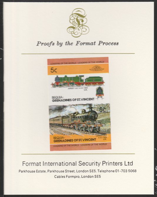 St Vincent - Bequia 1984 Locomotives #2 (Leaders of the World) 5c (4-4-2 Jersey Lily) se-tenant pair imperf mounted on Format International proof card, stamps on , stamps on  stamps on st vincent - bequia 1984 locomotives #2 (leaders of the world) 5c (4-4-2 jersey lily) se-tenant pair imperf mounted on format international proof card