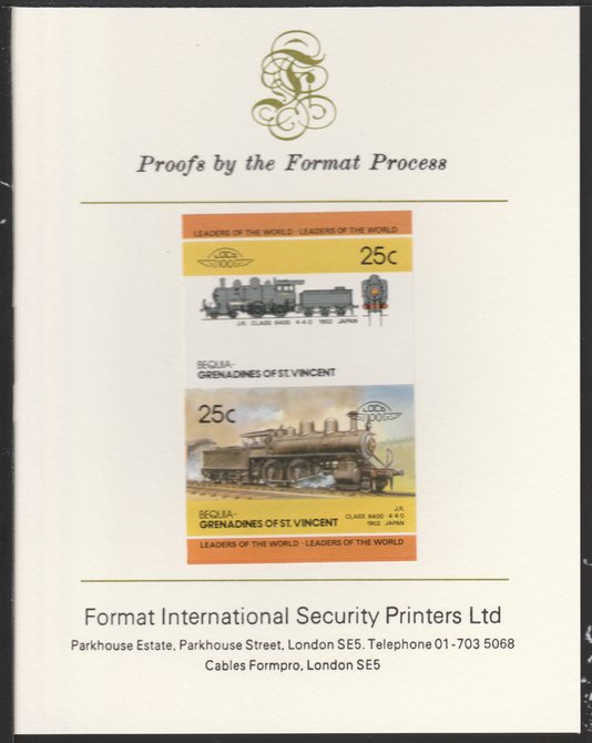 St Vincent - Bequia 1985 Locomotives #4 (Leaders of the World) 25c (4-4-0 Class 6400 Japan) imperf se-tenant pair mounted on Format International proof card, stamps on 