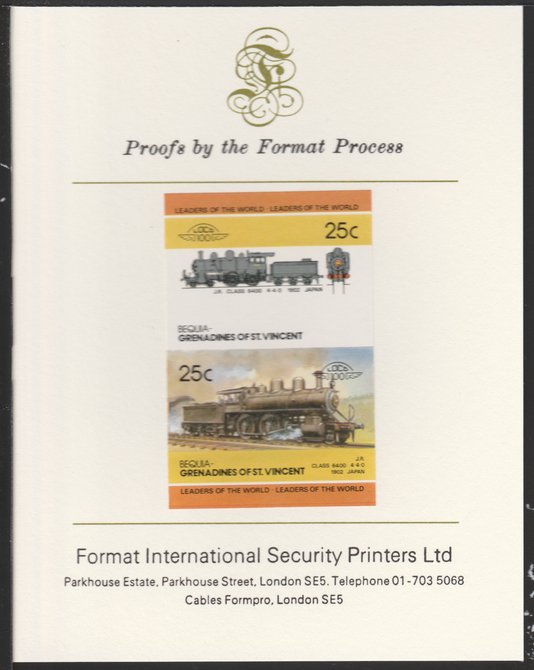 St Vincent - Bequia 1985 Locomotives #4 (Leaders of the World) 25c (4-4-0 Class 6400 Japan) imperf se-tenant pair mounted on Format International proof card, stamps on xxx