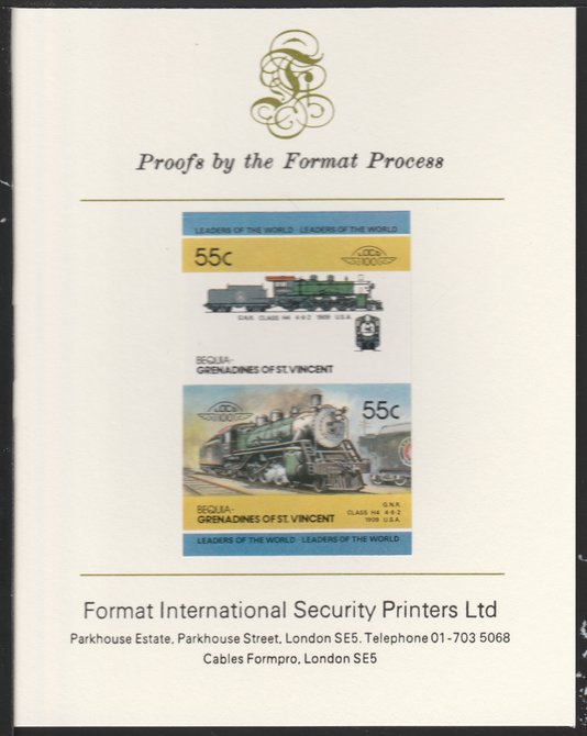 St Vincent - Bequia 1985 Locomotives #4 (Leaders of the World) 55c (4-6-2,Class H4 USA) imperf se-tenant pair mounted on Format International proof card, stamps on xxx