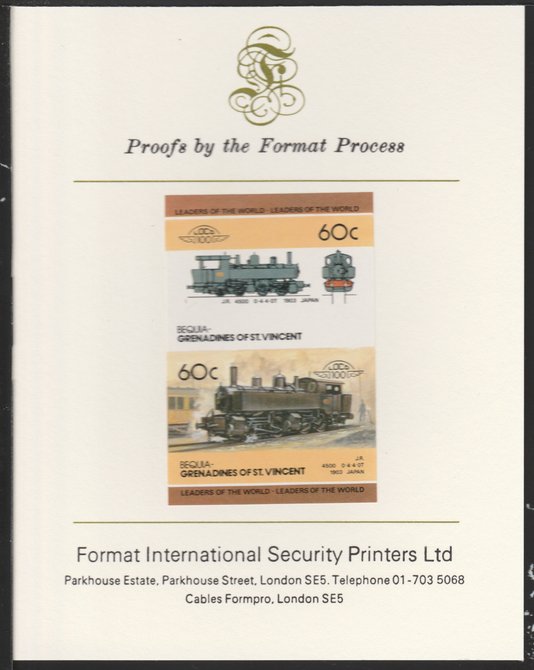 St Vincent - Bequia 1985 Locomotives #4 (Leaders of the World) 60c (0-4-4 Class 4500 Japan) imperf se-tenant pair mounted on Format International proof card, stamps on 