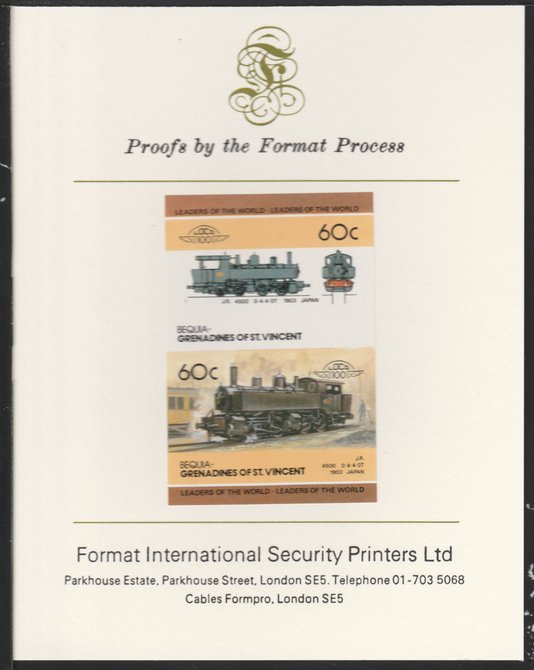 St Vincent - Bequia 1985 Locomotives #4 (Leaders of the World) 60c (0-4-4 Class 4500 Japan) imperf se-tenant pair mounted on Format International proof card, stamps on xxx