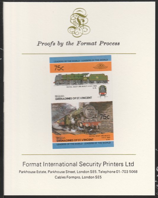 St Vincent - Bequia 1985 Locomotives #4 (Leaders of the World) 75c (4-6-0 Royal Scot) imperf se-tenant pair mounted on Format International proof card, stamps on xxx