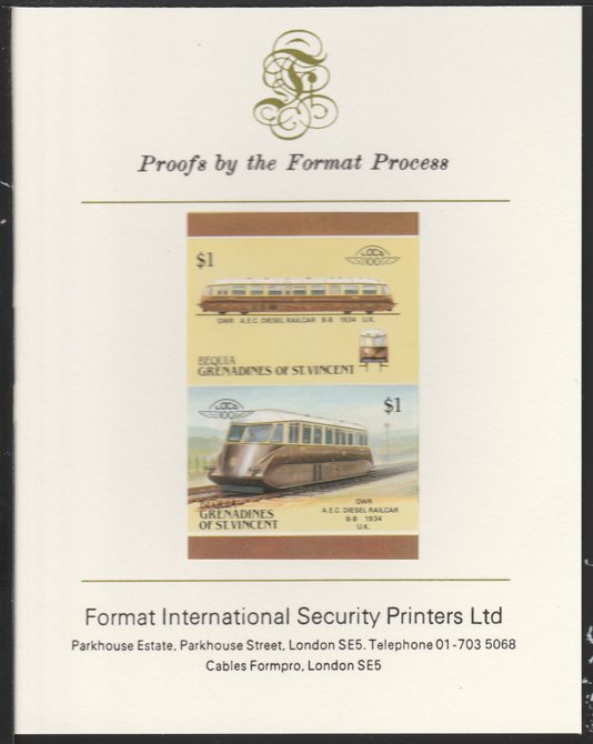 St Vincent - Bequia 1987 Locomotives #5 (Leaders of the World) $1 (GWR Diesel Railcar) imperf se-tenant pair mounted on Format International proof card, stamps on xxx