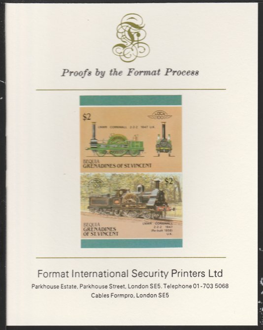 St Vincent - Bequia 1987 Locomotives #5 (Leaders of the World) $2 (2-2-2 LNWR Cornwall) imperf se-tenant pair mounted on Format International proof card, stamps on xxx