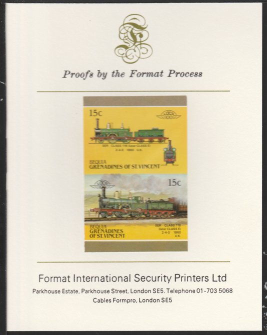 St Vincent - Bequia 1987 Locomotives #5 (Leaders of the World) 15c (2-4-0 SER Class 118) imperf se-tenant pair mounted on Format International proof card, stamps on xxx