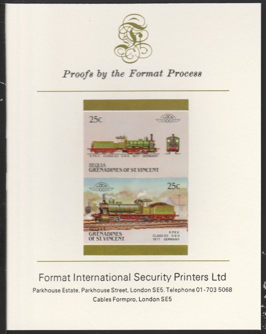 St Vincent - Bequia 1987 Locomotives #5 (Leaders of the World) 25c (0-6-0 KPEV Class G3) imperf se-tenant pair mounted on Format International proof card, stamps on 