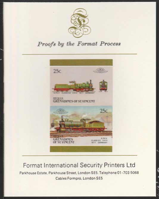 St Vincent - Bequia 1987 Locomotives #5 (Leaders of the World) 25c (0-6-0 KPEV Class G3) imperf se-tenant pair mounted on Format International proof card, stamps on xxx