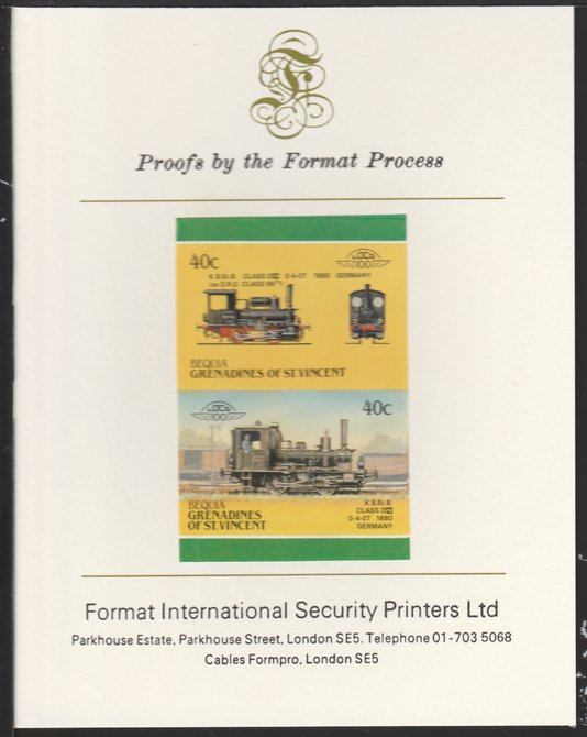 St Vincent - Bequia 1987 Locomotives #5 (Leaders of the World) 40c (0-4-0 Class DVI Germany) imperf se-tenant pair mounted on Format International proof card, stamps on xxx