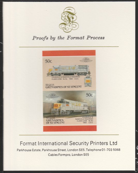 St Vincent - Bequia 1987 Locomotives #5 (Leaders of the World) 50c (Louisville & Nashville Class U25B) imperf se-tenant pair mounted on Format International proof card, stamps on 