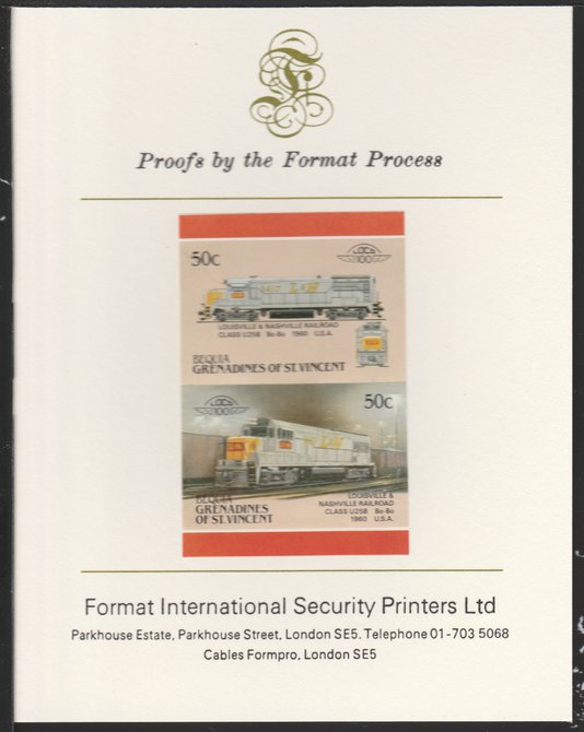 St Vincent - Bequia 1987 Locomotives #5 (Leaders of the World) 50c (Louisville & Nashville Class U25B) imperf se-tenant pair mounted on Format International proof card, stamps on xxx