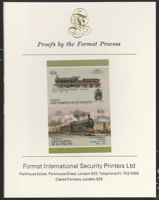 St Vincent - Bequia 1987 Locomotives #5 (Leaders of the World) 60c (0-6-0 Hull & Barnsley Class LS) imperf se-tenant pair mounted on Format International proof card, stamps on xxx