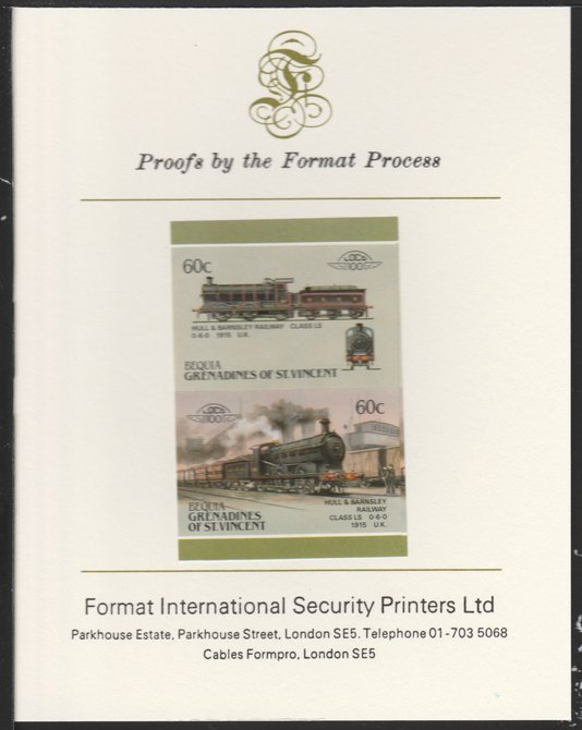 St Vincent - Bequia 1987 Locomotives #5 (Leaders of the World) 60c (0-6-0 Hull & Barnsley Class LS) imperf se-tenant pair mounted on Format International proof card, stamps on , stamps on  stamps on st vincent - bequia 1987 locomotives #5 (leaders of the world) 60c (0-6-0 hull & barnsley class ls) imperf se-tenant pair mounted on format international proof card