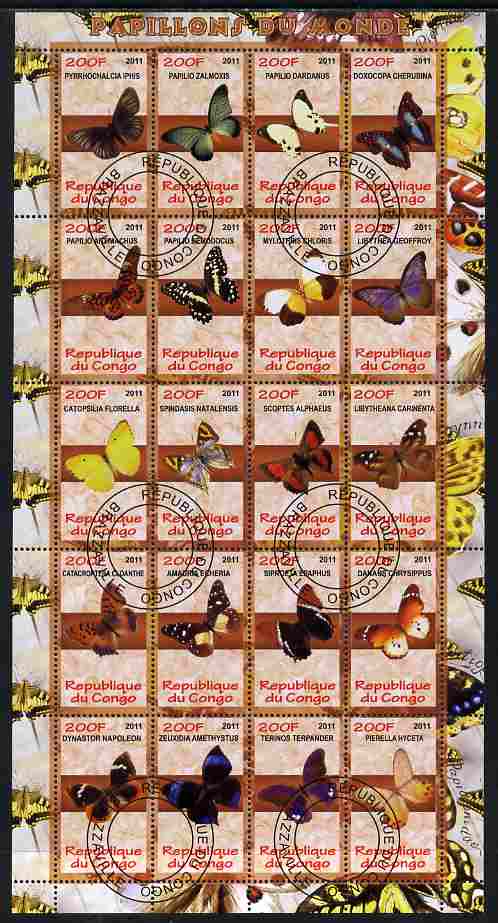 Congo 2011 Butterflies of the World #2 perf sheetlet containing 20 values fine cto used, stamps on butterflies