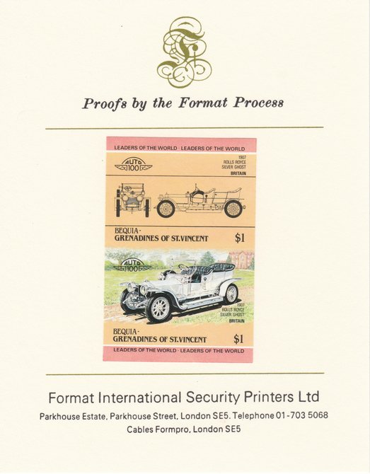 St Vincent - Bequia 1984 Cars #1 (Leaders of the World) $1 (1907 Rolls Royce) imperf se-tenant pair mounted on Format International proof card, stamps on , stamps on  stamps on cars