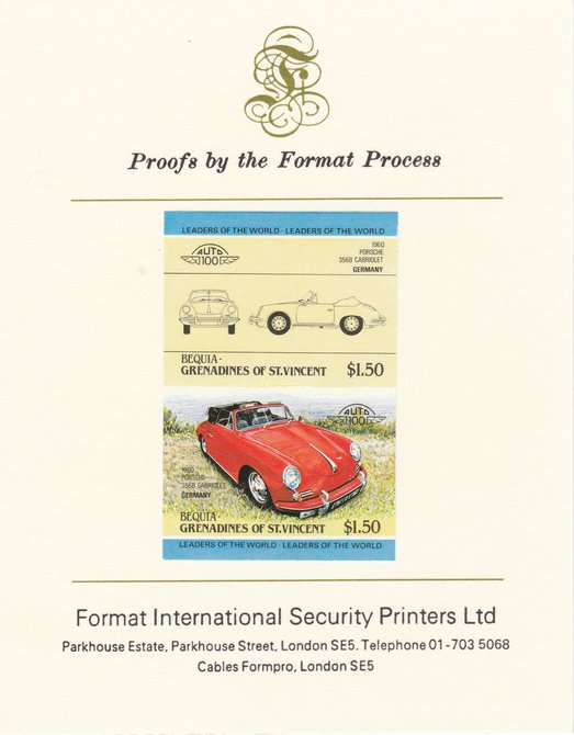 St Vincent - Bequia 1984 Cars #1 (Leaders of the World) $1.50 (1960 Porsche) imperf se-tenant pair mounted on Format International proof card, stamps on , stamps on  stamps on cars