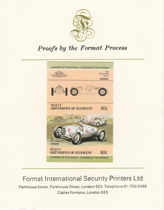 St Vincent - Bequia 1984 Cars #1 (Leaders of the World) 40c (1936 Auto Union) imperf se-tenant pair mounted on Format International proof card, stamps on , stamps on  stamps on cars