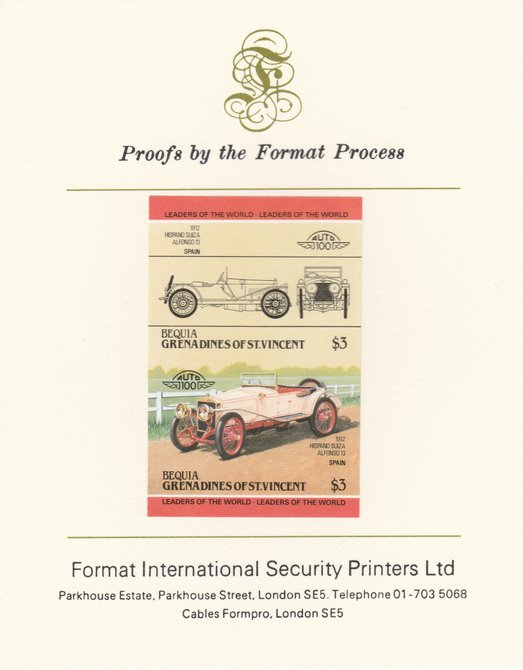 St Vincent - Bequia 1984 Cars #2 (Leaders of the World) $3 (1912 Hispano Suiza) imperf se-tenant pair mounted on Format International proof card, stamps on , stamps on  stamps on cars