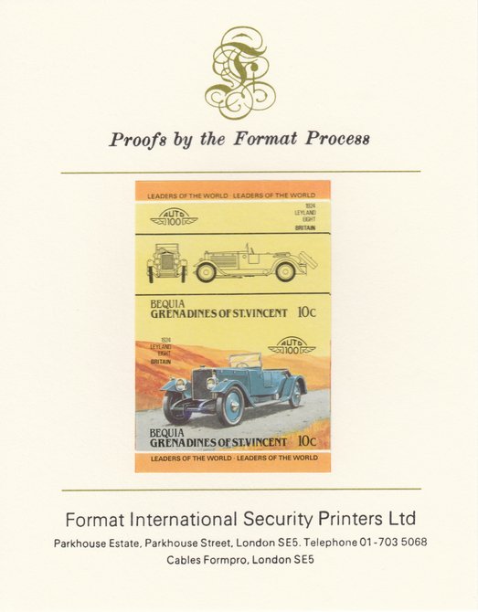 St Vincent - Bequia 1984 Cars #2 (Leaders of the World) 10c (1924 Leyland Eight) imperf se-tenant pair mounted on Format International proof card, stamps on , stamps on  stamps on cars