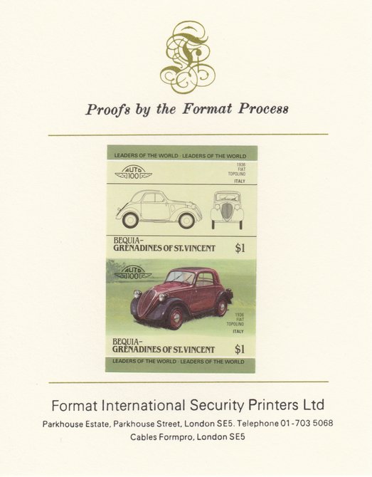 St Vincent - Bequia 1985 Cars #3 (Leaders of the World) $1 (1936 Fiat) imperf se-tenant pair mounted on Format International proof card, stamps on , stamps on  stamps on cars