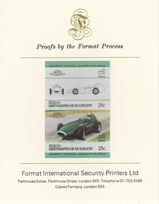 St Vincent - Bequia 1985 Cars #3 (Leaders of the World) 25c (1958 Vanwall 2.5 Litre) imperf se-tenant pair mounted on Format International proof card, stamps on , stamps on  stamps on cars