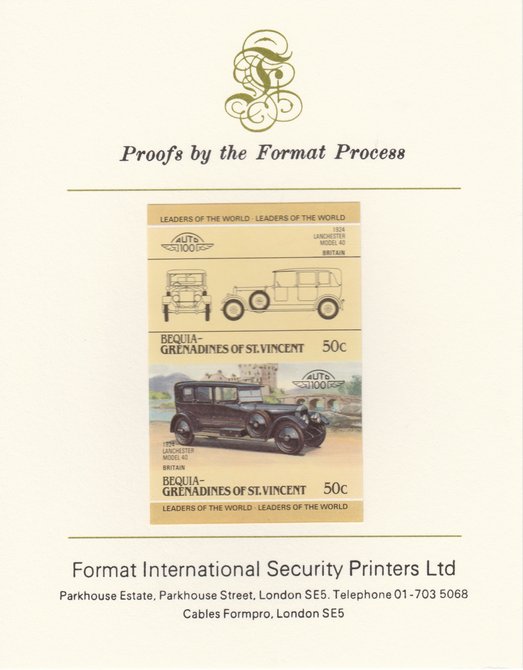St Vincent - Bequia 1985 Cars #3 (Leaders of the World) 50c (1924 Lanchester) imperf se-tenant pair mounted on Format International proof card, stamps on cars