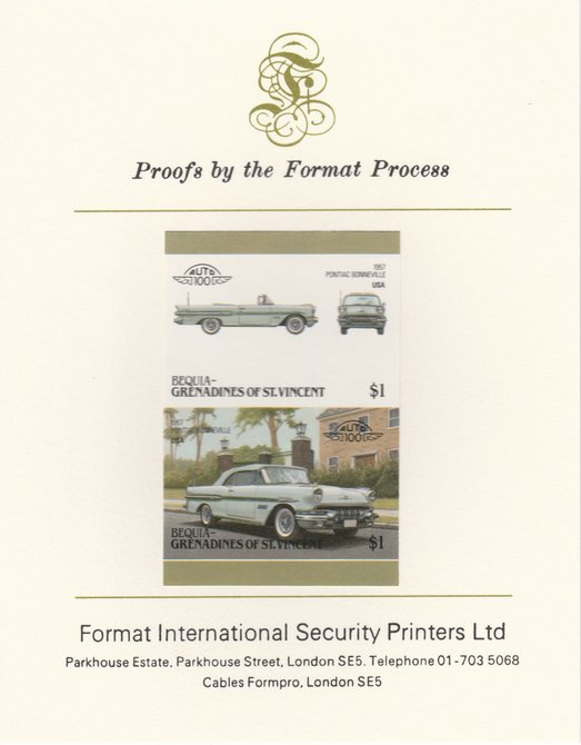 St Vincent - Bequia 1986 Cars #6 (Leaders of the World) $1 (1957 Pontiac Bonneville) imperf se-tenant pair mounted on Format International proof card, stamps on , stamps on  stamps on cars