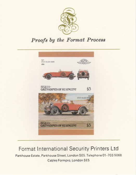 St Vincent - Bequia 1986 Cars #6 (Leaders of the World) $3 (1927 Stutz Black Hawk) imperf se-tenant pair mounted on Format International proof card, stamps on , stamps on  stamps on cars