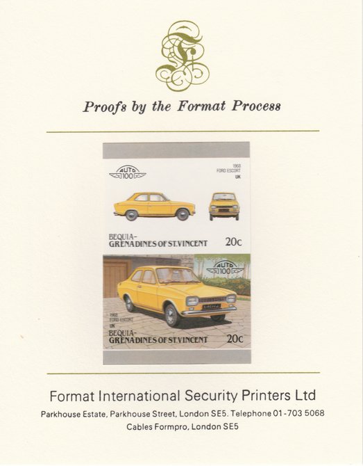 St Vincent - Bequia 1986 Cars #6 (Leaders of the World) 20c (1968 Ford Escort) imperf se-tenant pair mounted on Format International proof card, stamps on , stamps on  stamps on cars