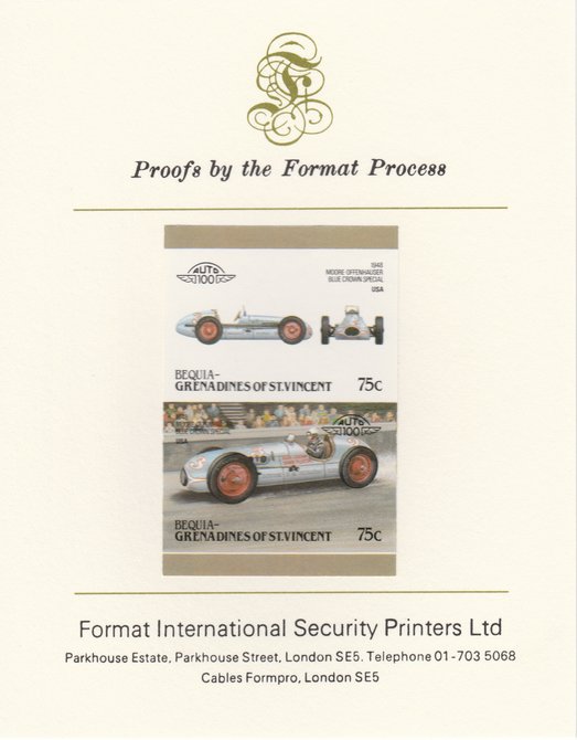 St Vincent - Bequia 1986 Cars #6 (Leaders of the World) 75c (1948 Moore-Offenhauser Special) imperf se-tenant pair mounted on Format International proof card, stamps on , stamps on  stamps on cars