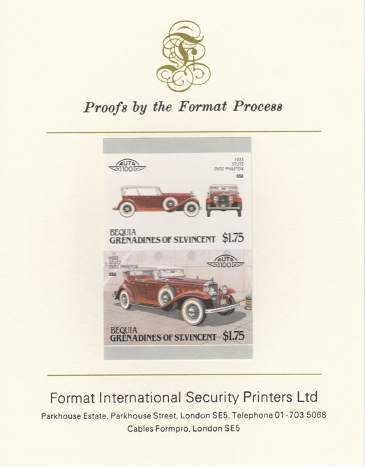 St Vincent - Bequia 1987 Cars #7 (Leaders of the World) $1.75 (1933 Stutz DV32 Phaeton) imperf se-tenant pair mounted on Format International proof card, stamps on , stamps on  stamps on cars