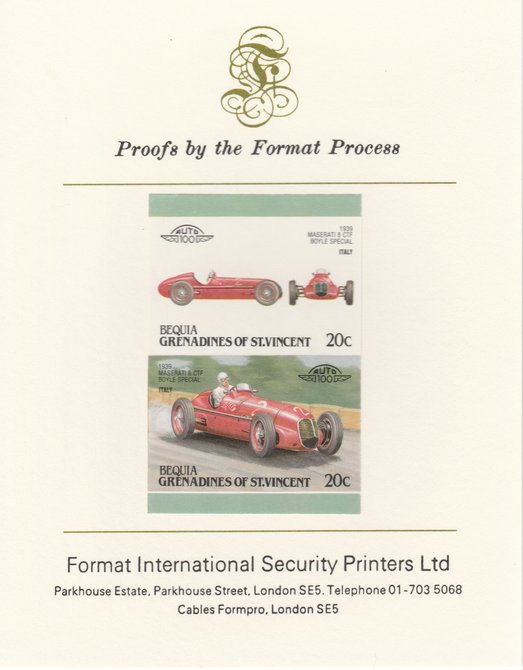 St Vincent - Bequia 1987 Cars #7 (Leaders of the World) 20c (1939 Maserati  8 CTF) imperf se-tenant pair mounted on Format International proof card, stamps on , stamps on  stamps on cars