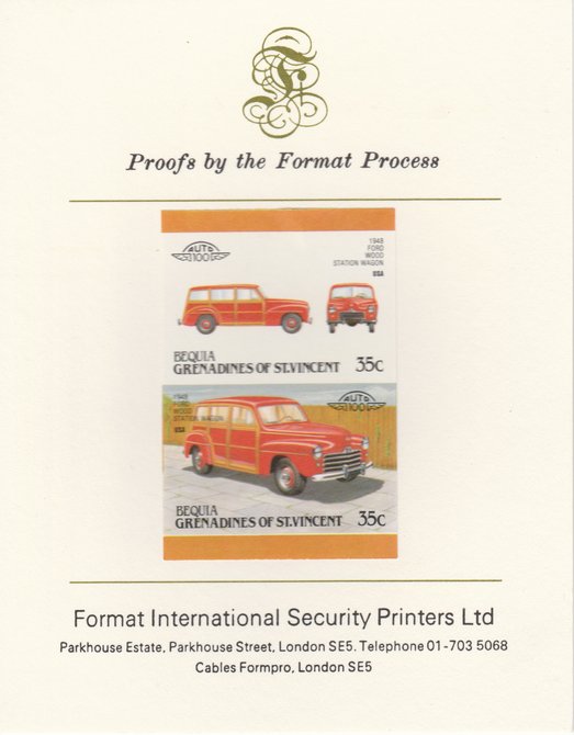 St Vincent - Bequia 1987 Cars #7 (Leaders of the World) 35c (1948 Ford Station Wagon) imperf se-tenant pair mounted on Format International proof card, stamps on , stamps on  stamps on cars