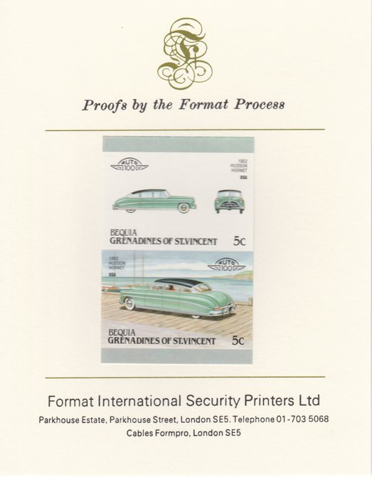 St Vincent - Bequia 1987 Cars #7 (Leaders of the World) 5c (1952 Hudson Hornet) imperf se-tenant pair mounted on Format International proof card, stamps on , stamps on  stamps on cars